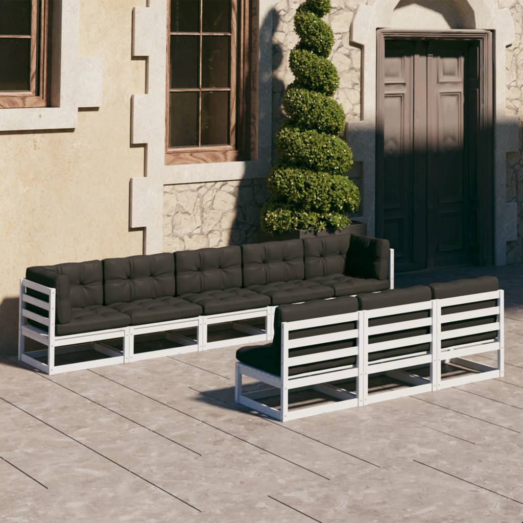 8-tlg. Garten-Lounge-Set mit Kissen Weiss Kiefer Massivholz